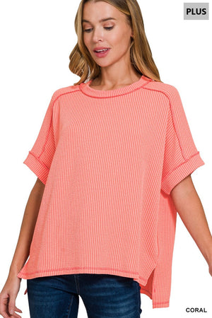 Zenana Plus Corded Rib Cuff Sleeve Raw Edge Top