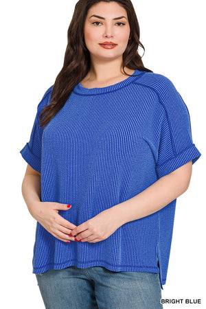 Zenana Plus Corded Rib Cuff Sleeve Raw Edge Top
