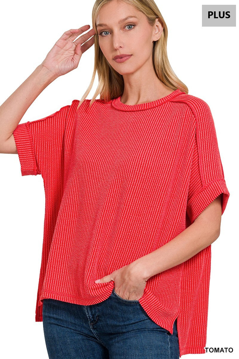 Plus Corded Rib Cuff Sleeve Raw Edge Top