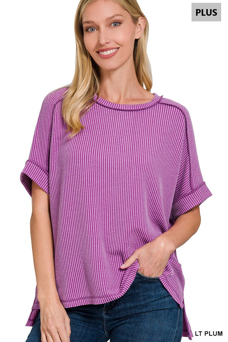 Zenana Plus Corded Rib Cuff Sleeve Raw Edge Top