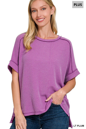 Zenana Plus Corded Rib Cuff Sleeve Raw Edge Top