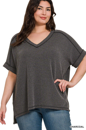 Plus Corded Rib V-Neck Cuff Sleeve Raw Edge Top