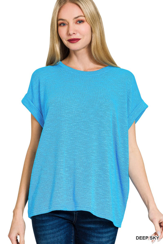 Zenana Hacci Rolled Sleeve Top