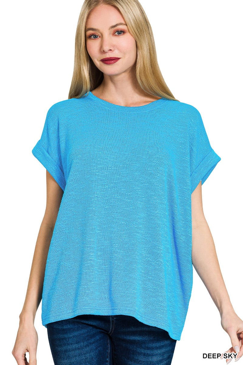 Zenana Hacci Rolled Sleeve Top
