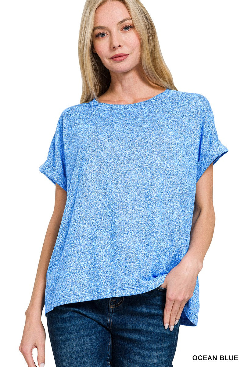 Zenana SOFT MELANGE HACCI SHORT SLEEVE ROUND NECK TOP