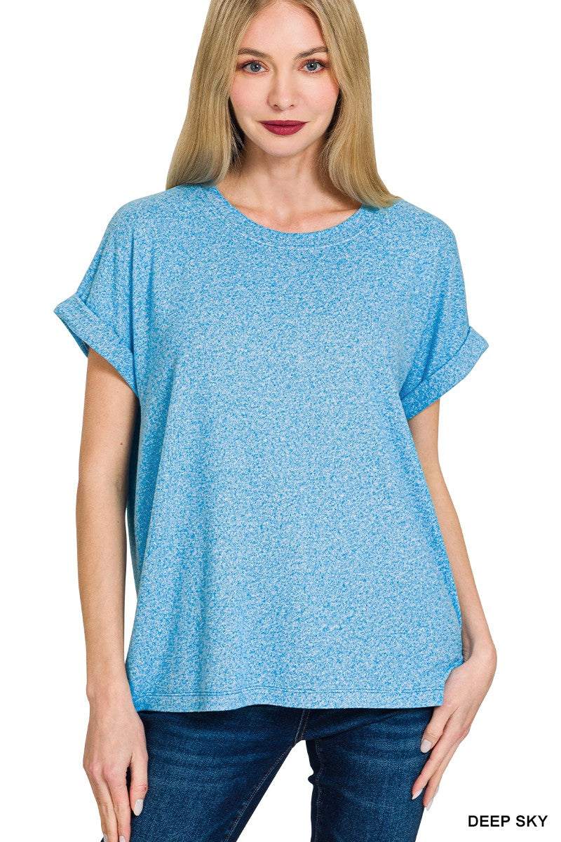 Zenana SOFT MELANGE HACCI SHORT SLEEVE ROUND NECK TOP