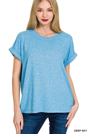 Zenana SOFT MELANGE HACCI SHORT SLEEVE ROUND NECK TOP