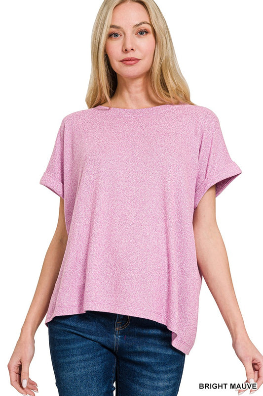 Zenana SOFT MELANGE HACCI SHORT SLEEVE ROUND NECK TOP