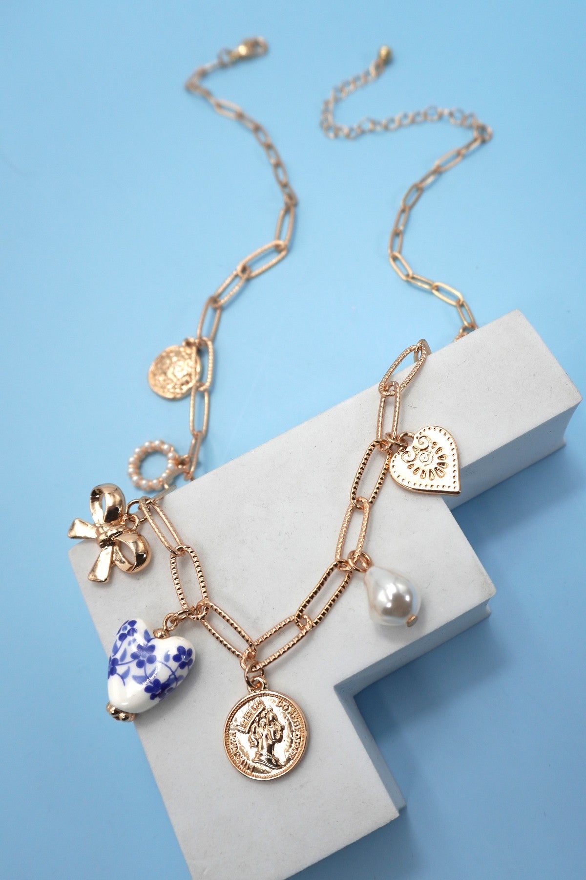 Porcelain Flower Heart Charm Necklace