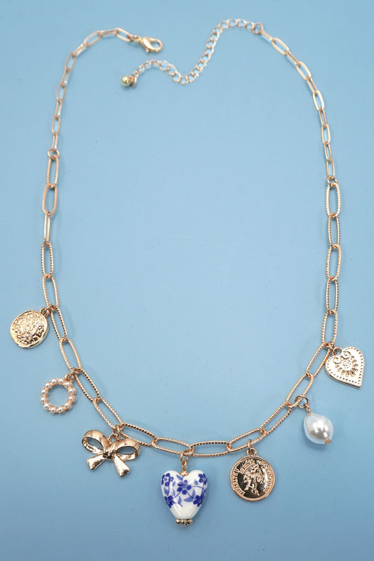 Porcelain Flower Heart Charm Necklace