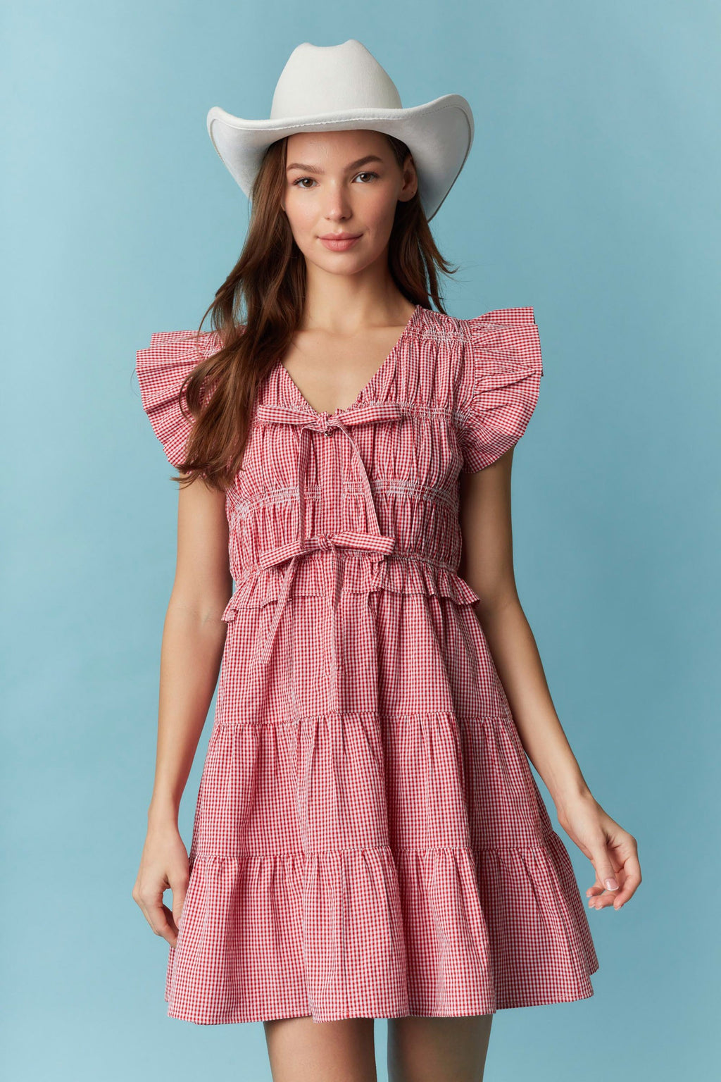 Gingham Ruffle Lace Trim Dress