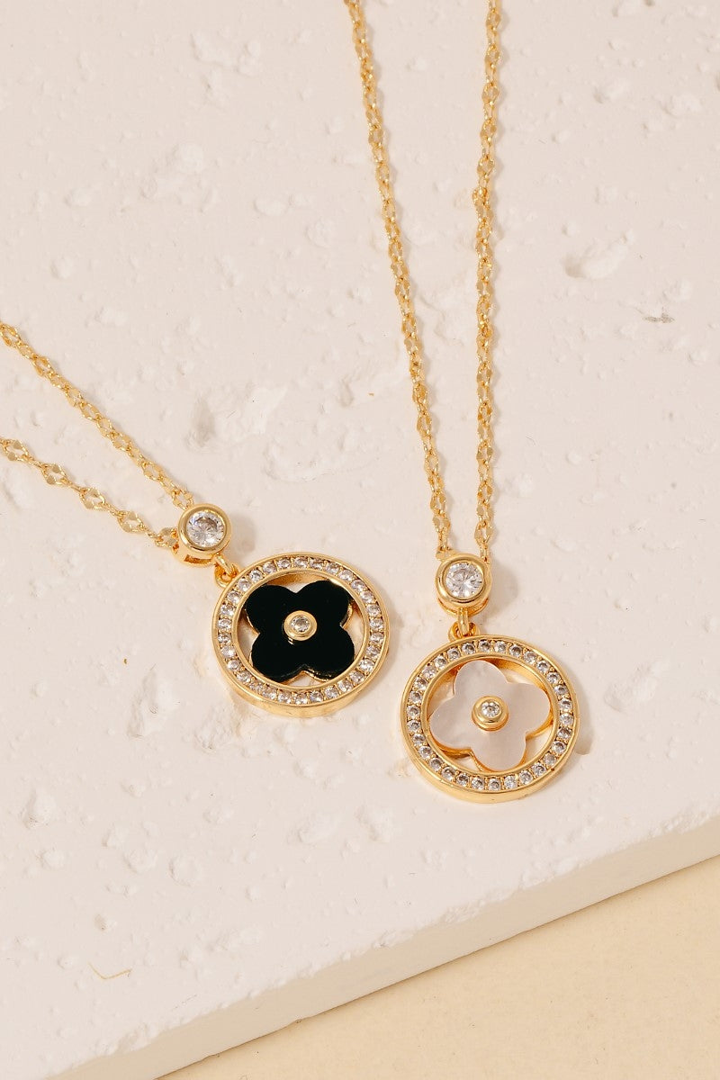 Gold Dipped CZ Halo Set Shell Clover Pendant Necklace