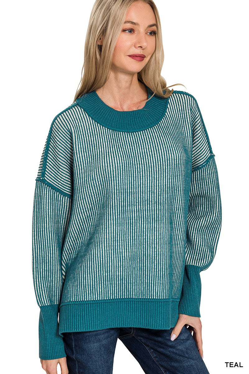 Zenana Exposed Seam Two Tone Sweater