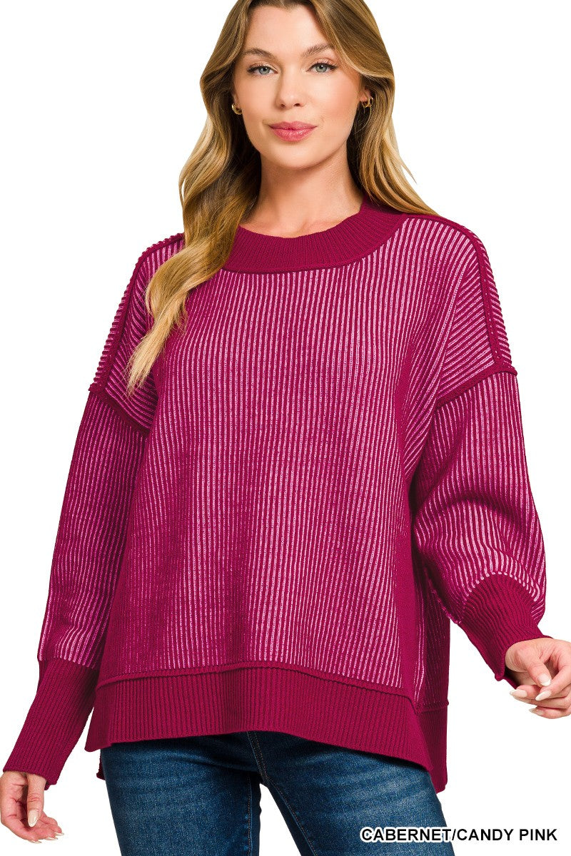Zenana Exposed Seam Two Tone Sweater