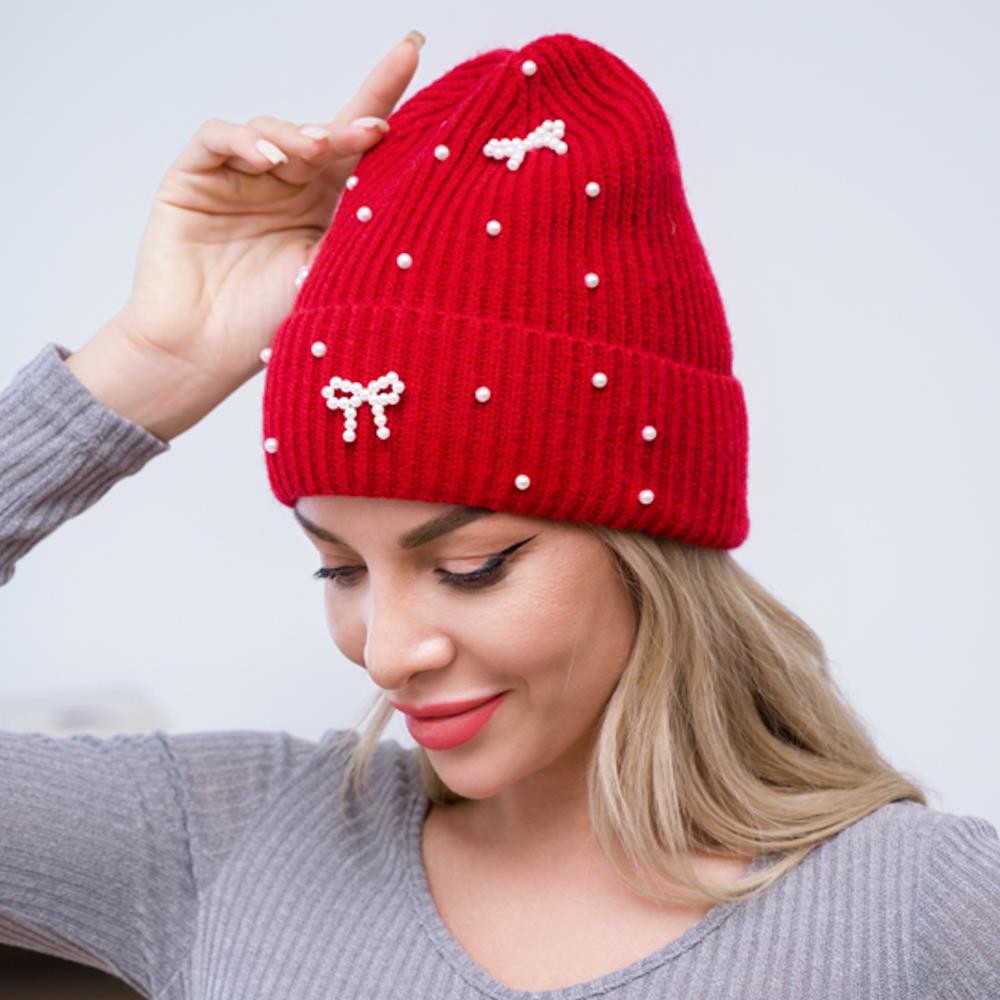 Bow Pearl Embellished Knitted Winter Beanie Hat