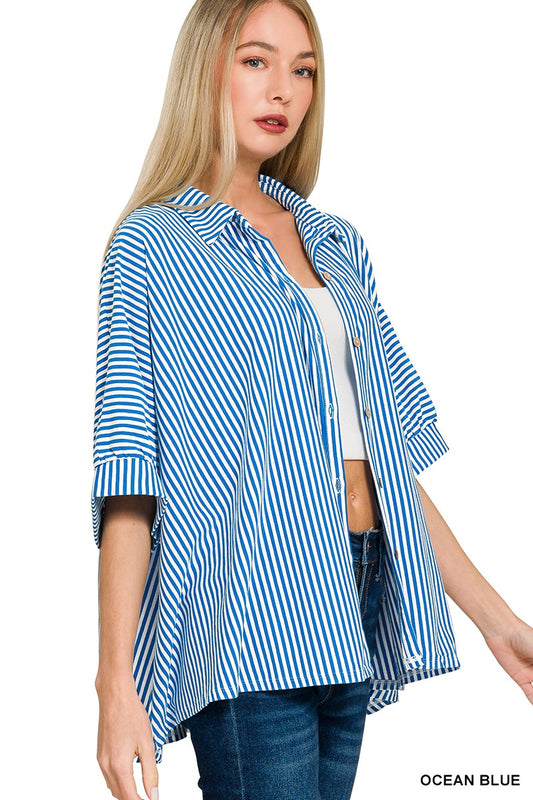 Zenana Oversized Stripe Button Down Top