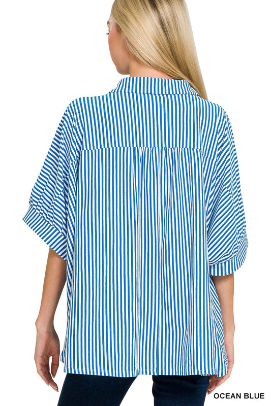 Zenana Oversized Stripe Button Down Top