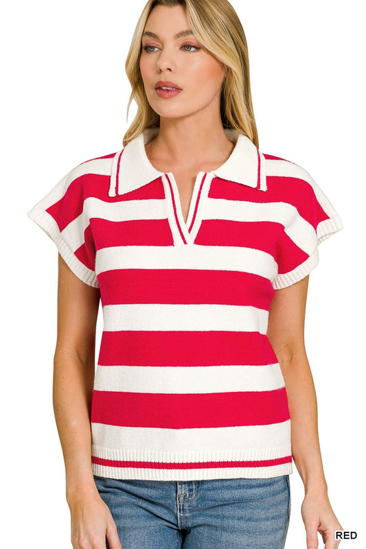 Zenana Striped Collared Sweater
