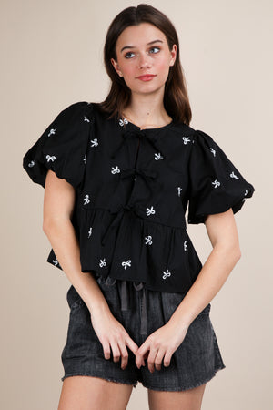 Emma Embroidered Front Tie Top