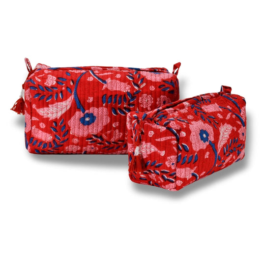 Quilted Red Floral Cosmetic Bag Set