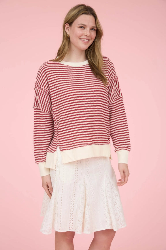 Stripe Exposed Seam Split Hem Long Sleeve Knit Top