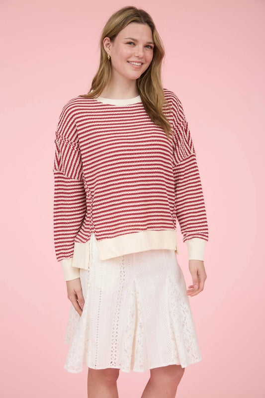 Stripe Exposed Seam Split Hem Long Sleeve Knit Top
