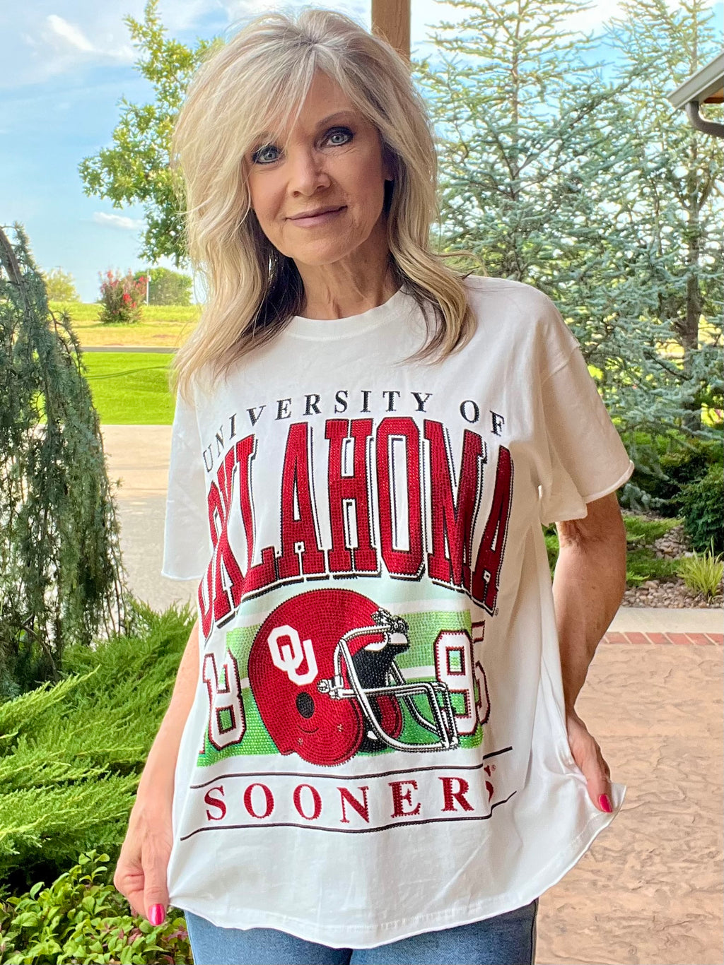 BB OU Rhinestone Helmet Graphic Top