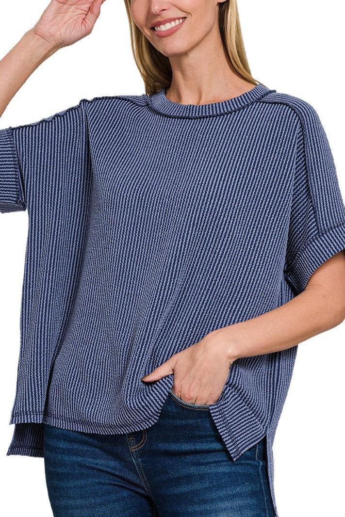 Zenana Corded Rib Cuff Sleeve Raw Edge Top