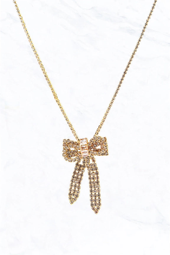 Gold Rhinestone Bow Necklace