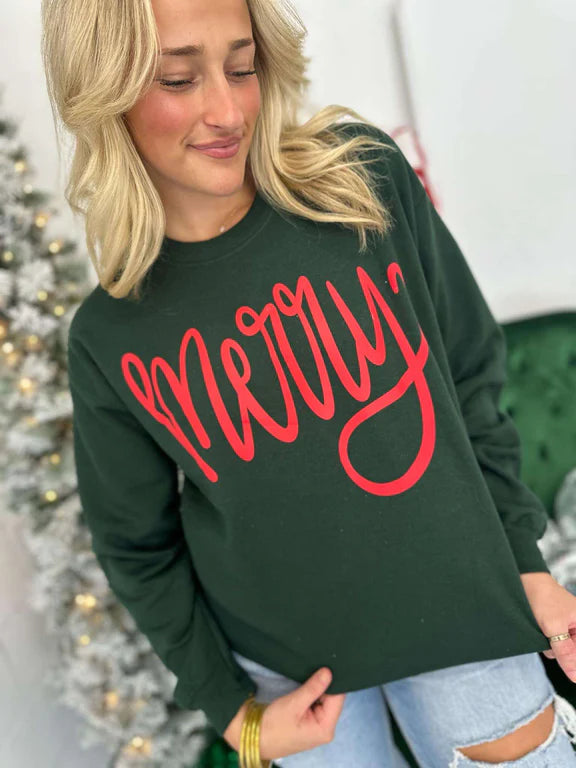 Merry Cursive Puff Forrest Green Sweatshirt