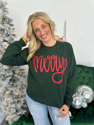 Merry Cursive Puff Forrest Green Sweatshirt