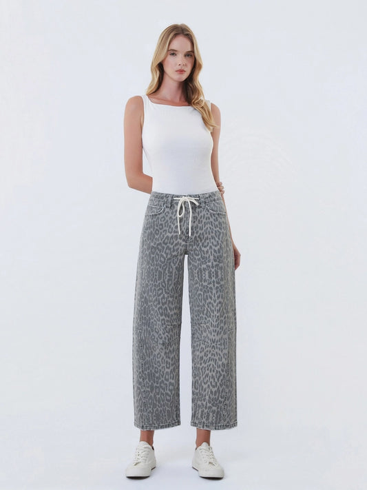 Vervet High Rise Leopard Print Drawstring Barrel Denim