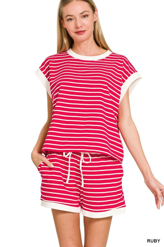 Zenana Stripe Contrast Trim Short Set