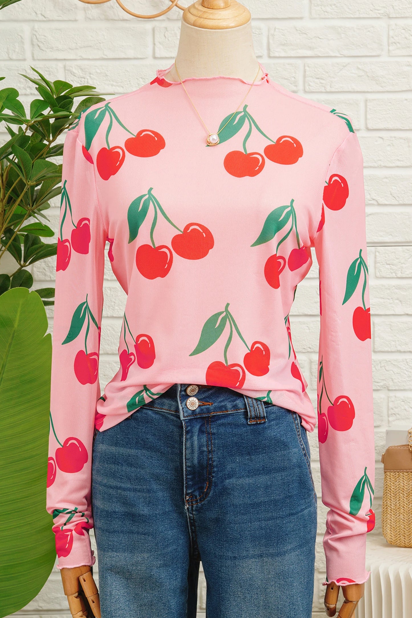 Cherry Lettuce Trim Long Sleeve Mesh Top