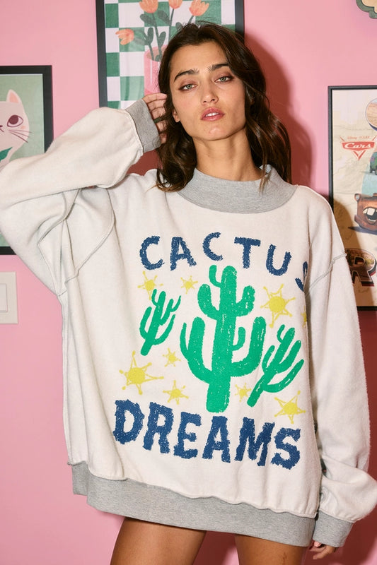 Cactus Dreams Oversized Reversible Mock-Neck Longsleeve Sweatshirt Top