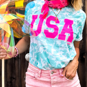 USA Aqua Tie Dye Graphic Tee