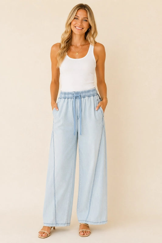 Chic Drawstring Wide Leg Denim