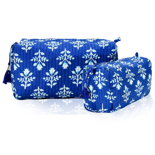 Quilted Blue Floral Cosmetic Bag Set