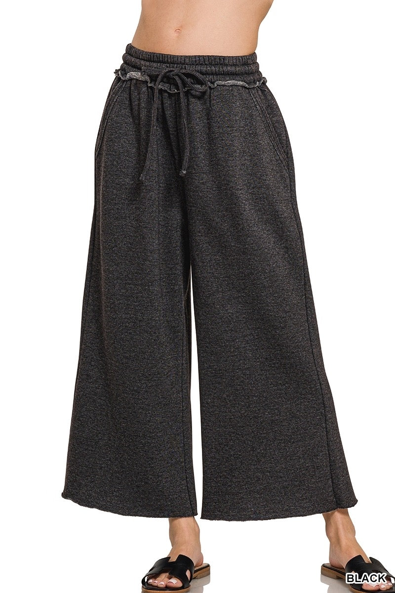 Zenana Acid Wash Fleece Palazzo Cropped Sweatpants