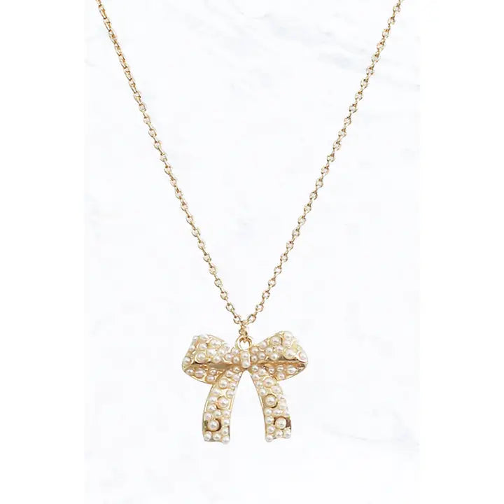 Gold Pearl Bow Necklace