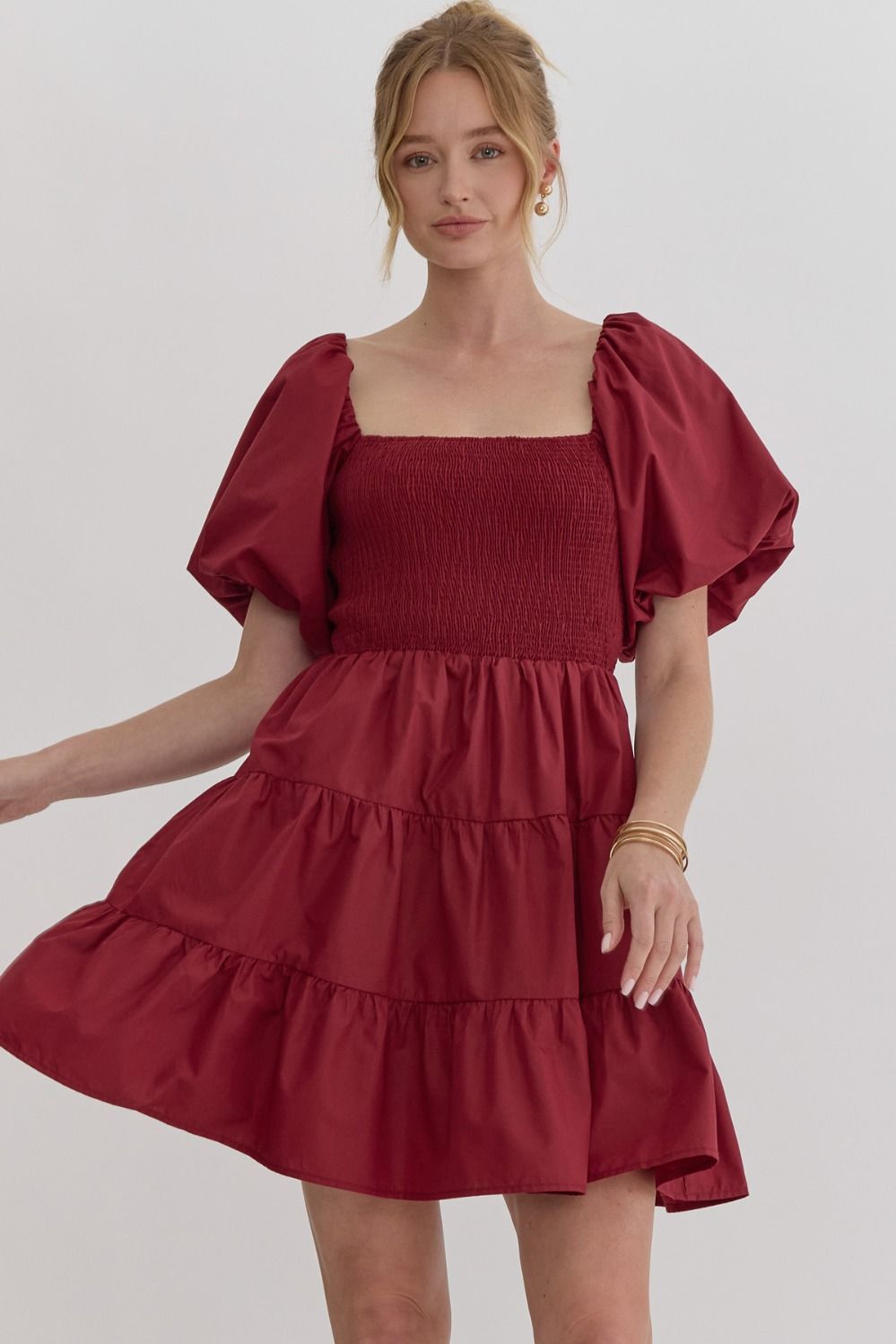 Entro Puff Sleeve Tiered Short Dress