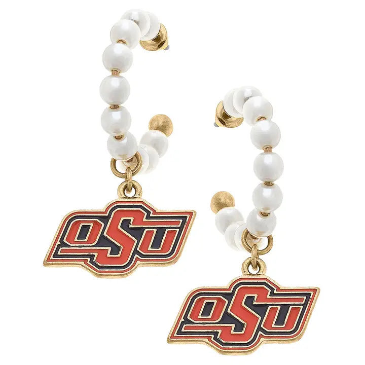 Oklahoma State Cowboys Pearl Hoop Enamel Drop Earrings by Canvas Style