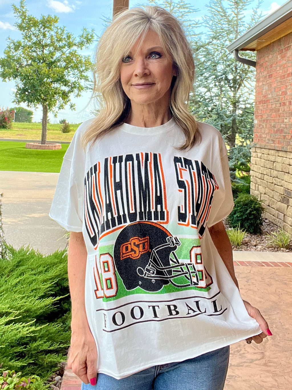 BB OSU Rhinestone Helmet Graphic Top