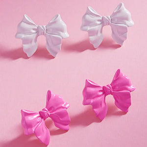 Pink Bow Ribbon Knob Stud Post Earrings