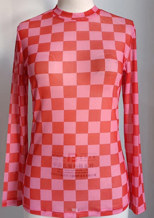 Pink/Red Checkered Mesh Top