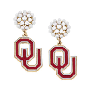 Oklahoma Sooners Pearl Cluster Enamel Drop Earrings