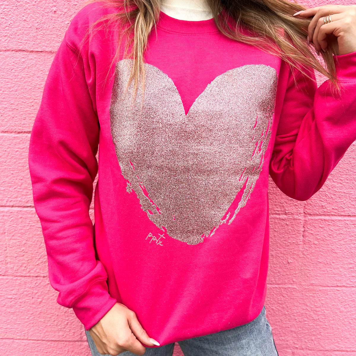 Pink Glitter Heart Crew Graphic Sweatshirt