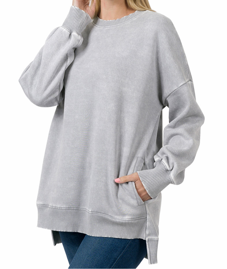 Zenana Acid Wash Fleece Hi-Low Hem Pullover Top