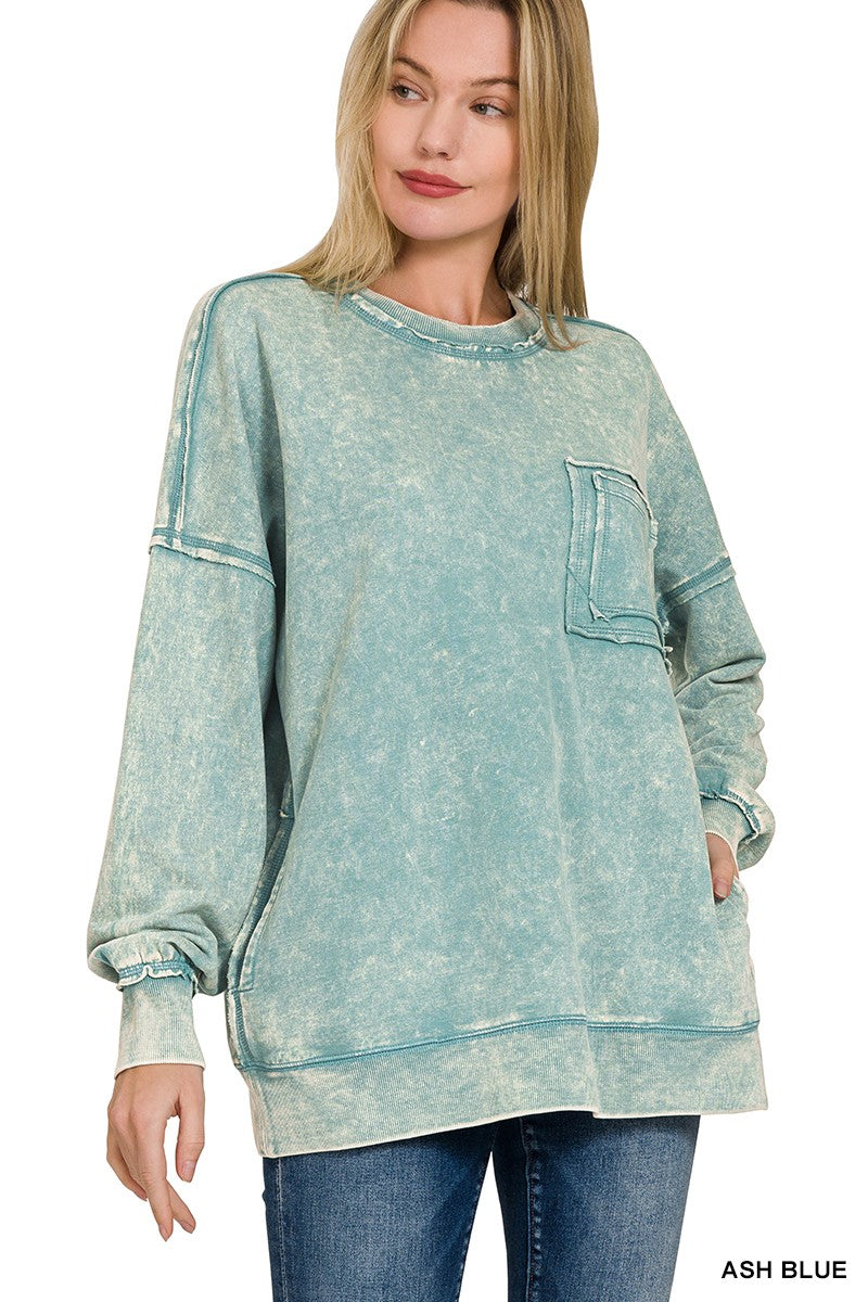 Zenana French Terry Acid Wash Pocket Pullover Top