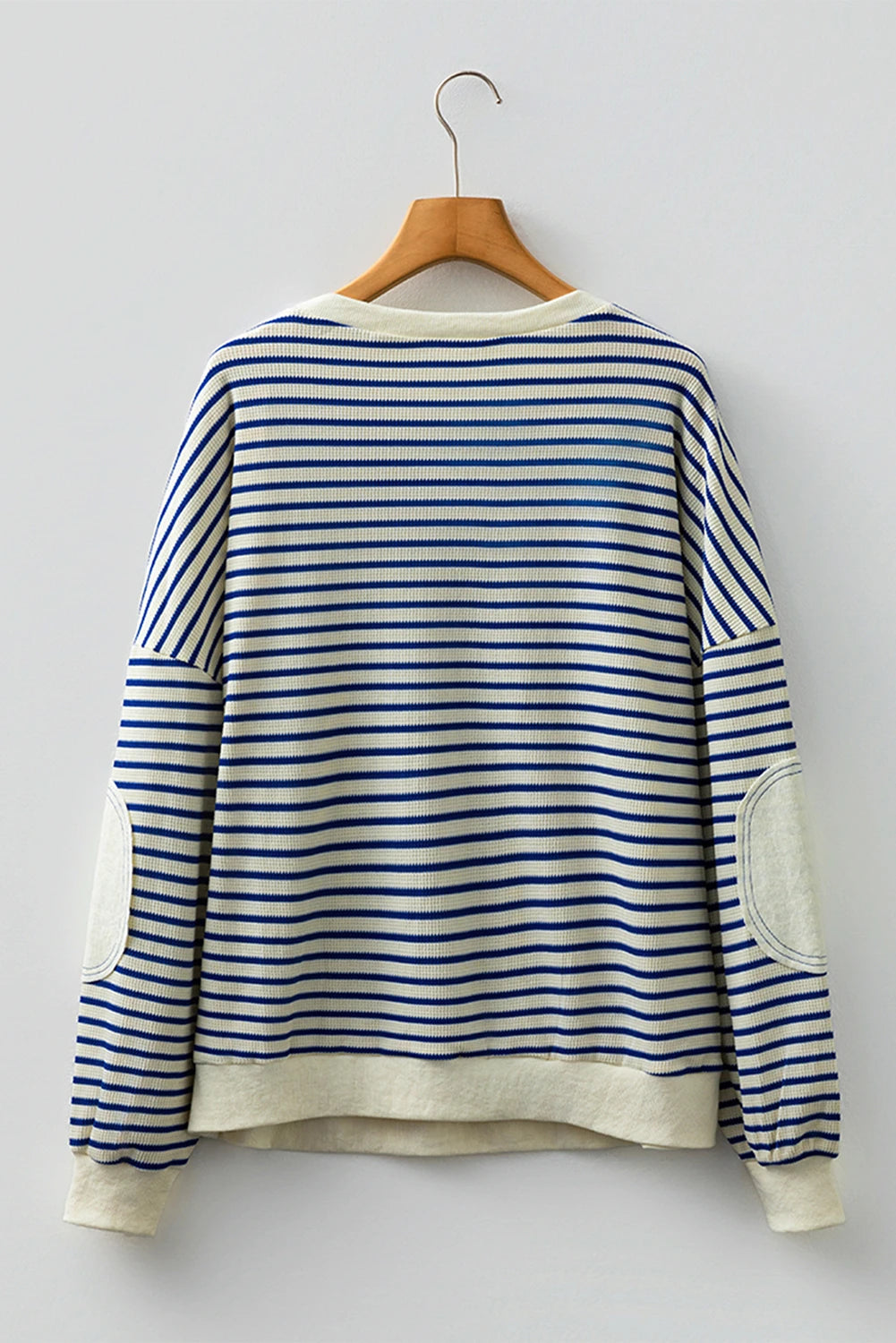 Blue Stripe Textured Elbow Patched Crew Neck Drop Shoulder Sweatshirt